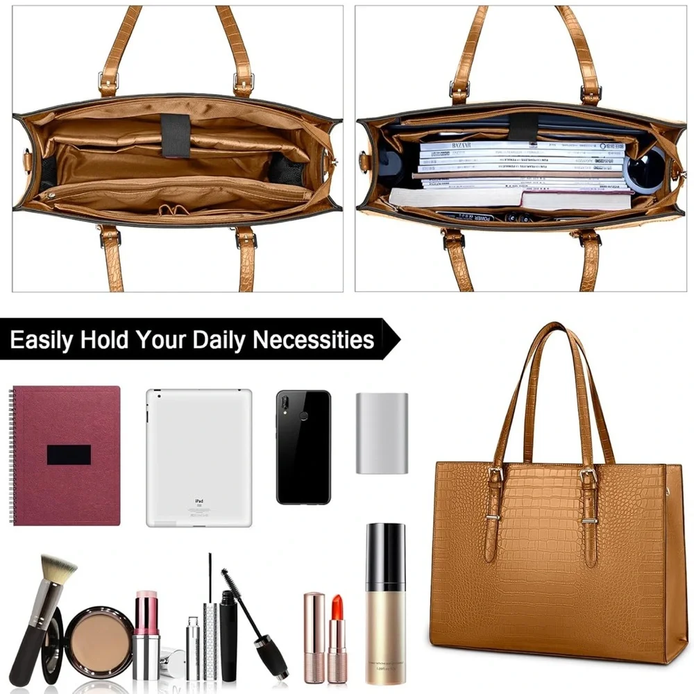 Brown Crocodile-Embossed Women's Laptop Bag